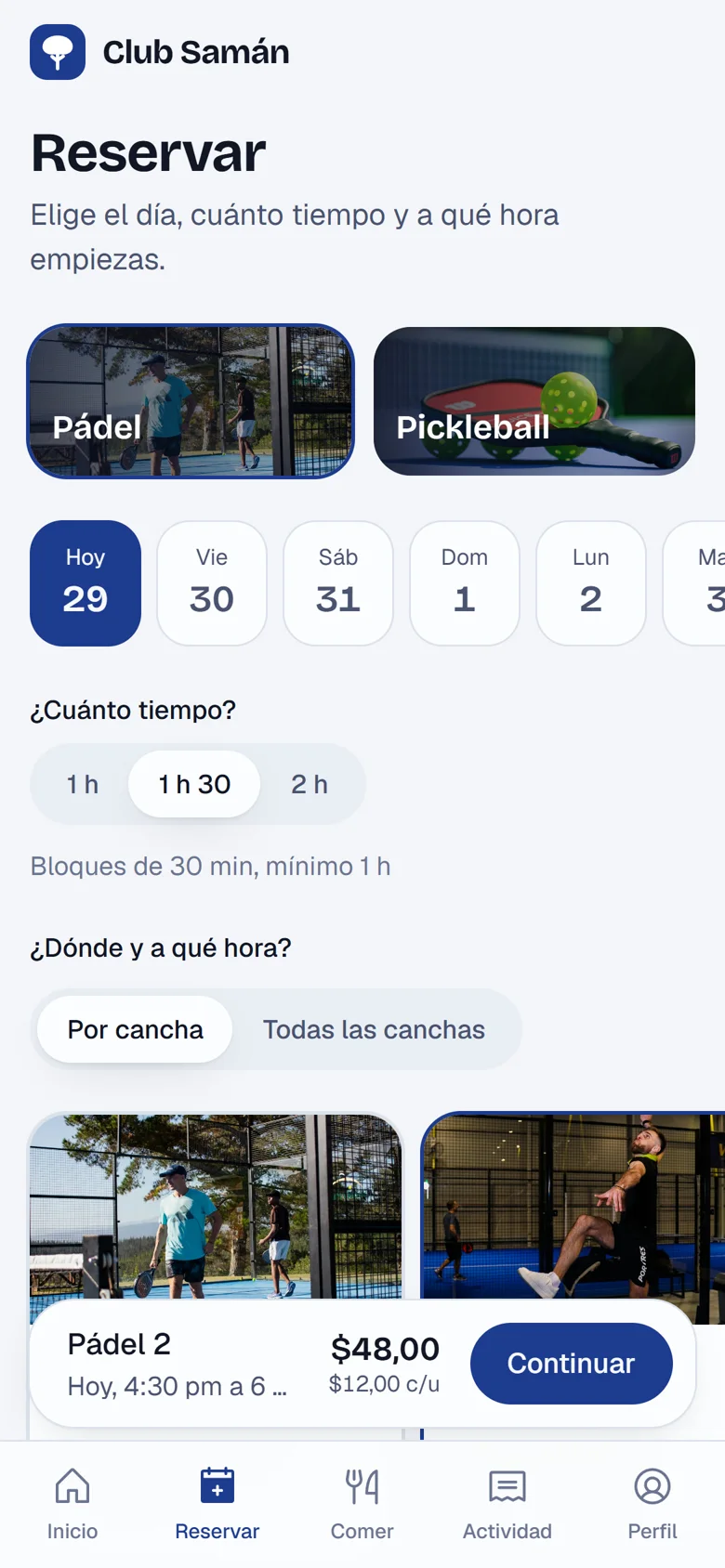 Reservar en Playza: deporte, día y duración