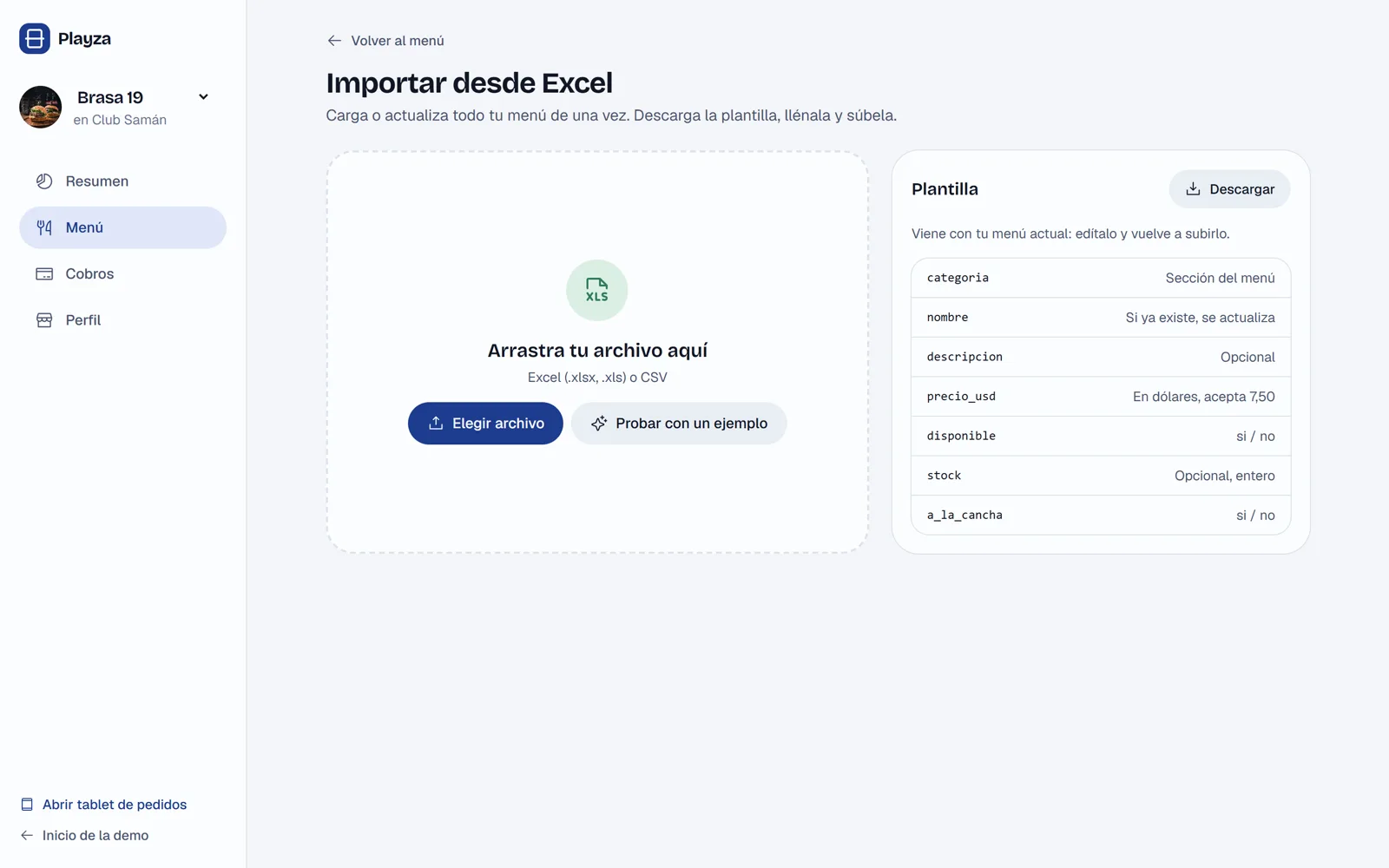 Importar menú desde Excel