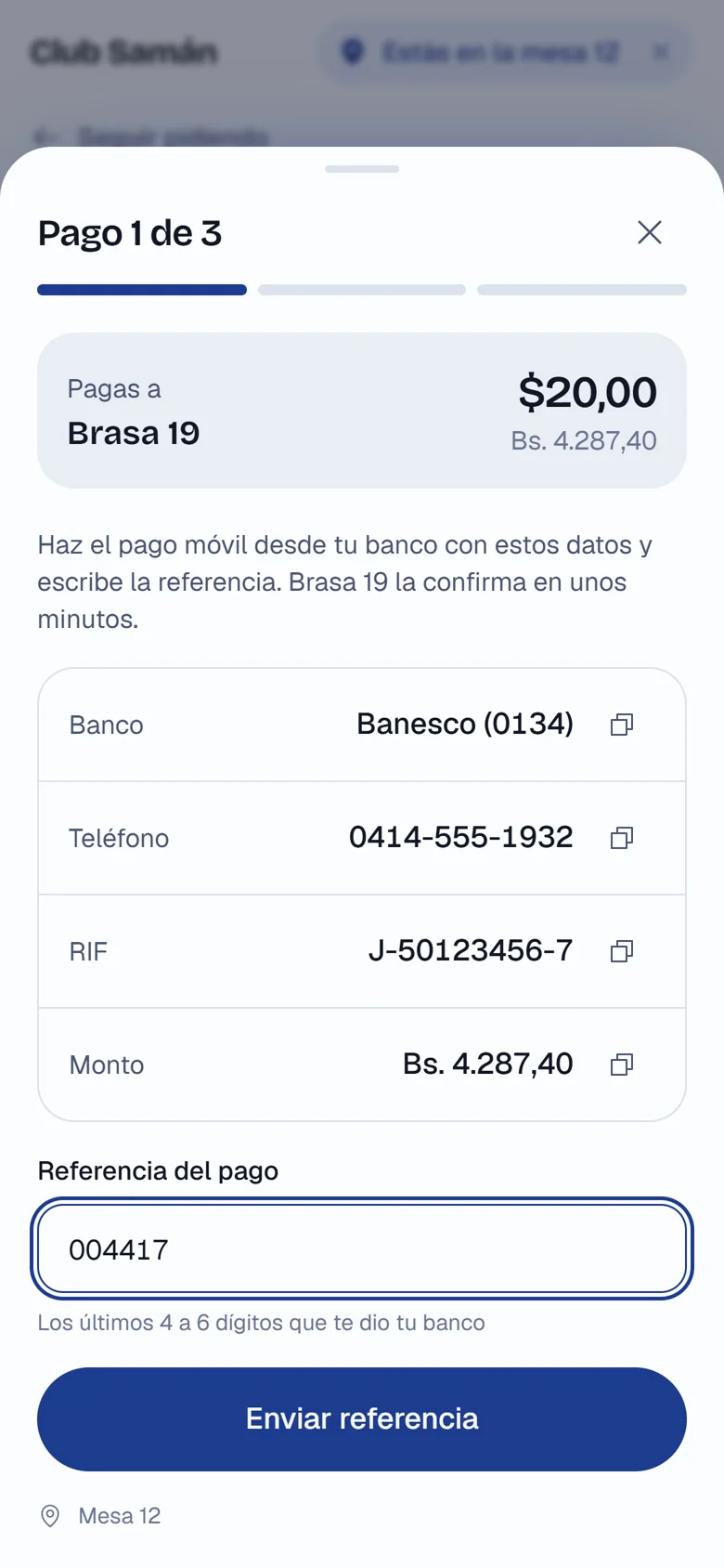 Pago 1 de 3 con pago móvil